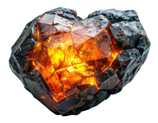 A heart-shaped, crystallized, and glowing geological formation, dark outside, bright inside