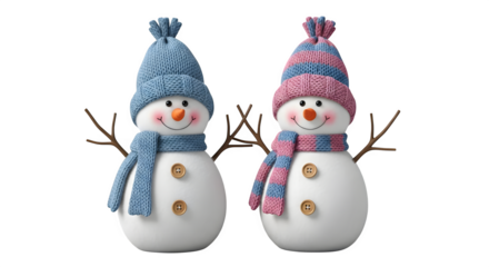 Two festive snowman figures wearing hats isolated on transparent background