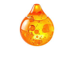 A close-up view of a vibrant orange, translucent droplet with air bubbles, isolated on black