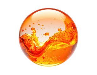 A glossy sphere displays a flowing liquid with shades of orange and yellow, on a black background