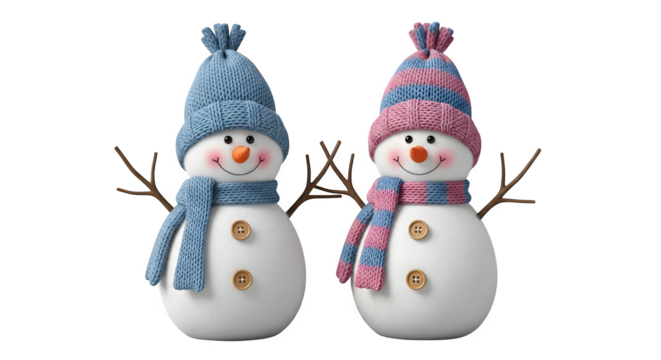 Two festive snowman figures wearing hats isolated on transparent background