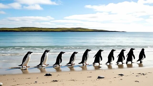 A serene beach scene with a group of penguins waddling along the shore.