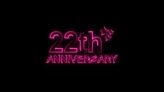 Celebrate 22th anniversary with glowing pink neon text and sparkling stars on a black backdrop, perfect for invitations, cards, and social media posts, evoking joy and milestone achievement
