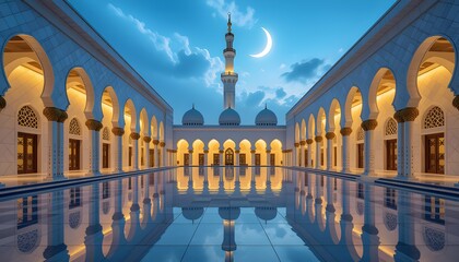 Illuminated Mosque Courtyard with Reflection at Blue Hour
