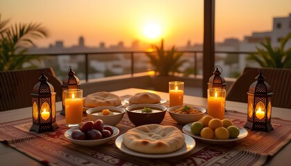 Ramadan Iftar Table with Traditional Food and Lanterns at Sunset
