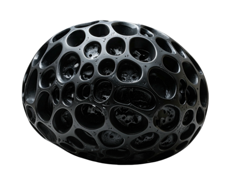 A dark sphere with interconnected holes, creating a honeycomb-like structure on a black background