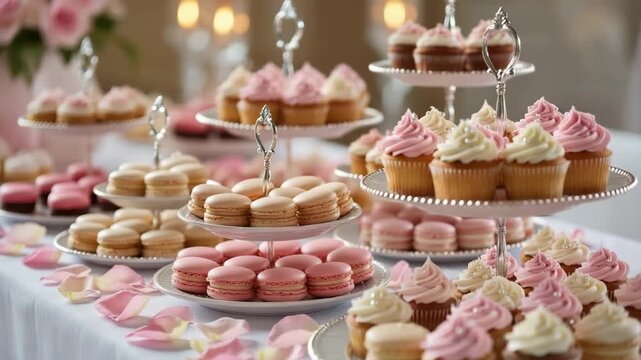 A beautifully styled dessert table featuring pink and white frosted cupcakes and pastel macarons on silver stands. Romantic and festive. Celebration mood.