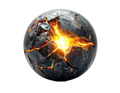 A cracked sphere with fiery core explodes with energy. Dark, broken shell reveals bright magma