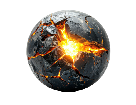 A cracked sphere with fiery core explodes with energy. Dark, broken shell reveals bright magma
