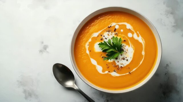 Close-up of a bowl filled with creamy pumpkin soup, topped with cream, black pepper, and a fresh parsley leaf. A spoon lies beside on a light marble surface. Autumn comfort.