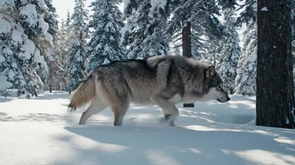 Close up tracking shot of a wolf's paws moving silently through fallen autumn leaves, highlighting its stealth and connection to the forest floor. macro, ground level
