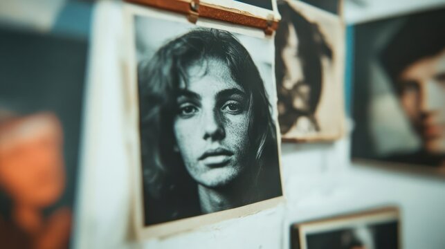 Vintage photographs hanging on a wall, capturing the essence of time and nostalgia, preserving