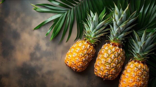 Top view of three fresh whole pineapples with green leaves lying on a dark textured background with tropical palm fronds. Bright and juicy exotic fruits. Summer vibe.