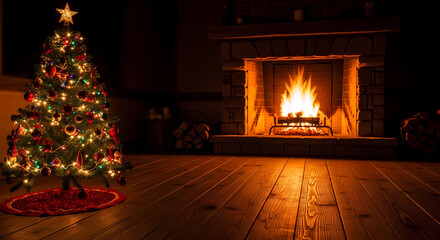 Christmas tree glows warmly by a cozy fireplace scene