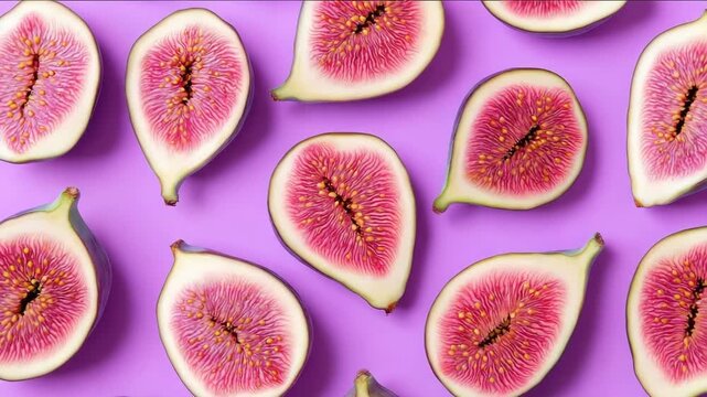 Close-up of fresh fig halves with pink-red pulp and tiny seeds, artistically laid out on a purple surface. Vibrant tropical fruit layout. Healthy and natural.