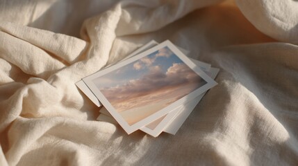 printed photos fabric still life with stacked sunset sky prints — warm nostalgia, soft natural light, minimal aesthetic for memory storytelling, travel keepsakes, and branding mockup