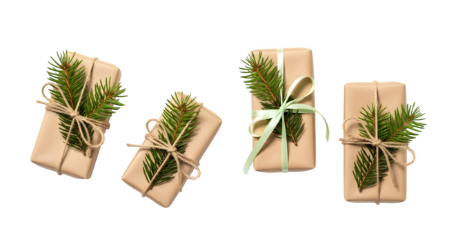Four christmas gifts wrapped in brown paper isolated on transparent background