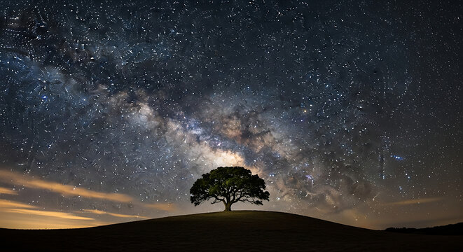 Majestic lone tree under a breathtaking starry milky way night sky - Powered by Adobe