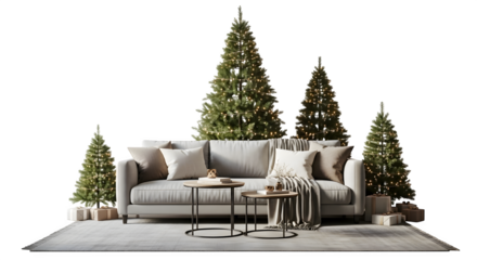 Christmas tree scene with sofa isolated on transparent background