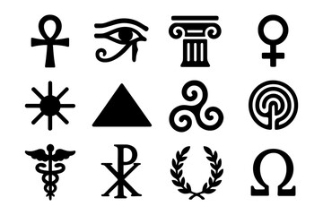 Ancient symbols: ankh, eye of horus, column, venus, sun, pyramid, celtic, labyrinth, caduceus, chi rho, laurel, omega.