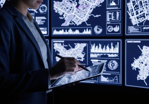 Woman using a digital tablet with a stylus, interacting with data visualizations and maps on multiple screens. Concept of business analysis, innovation and future technology.