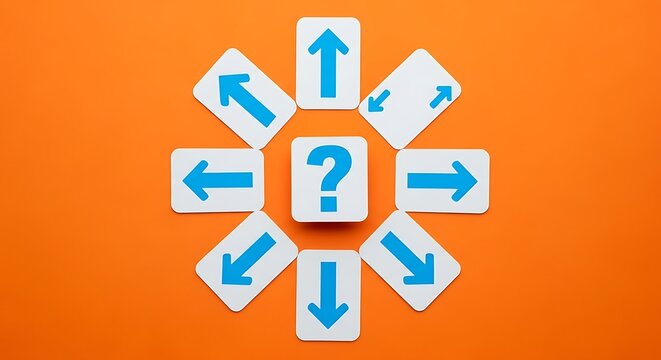 Arrows pointing in all directions around a central question mark, symbolizing choices and confusion