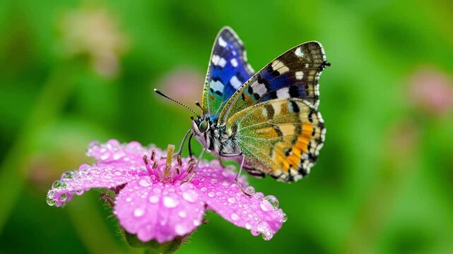 Close up on the intricate patterns and vibrant hues of a butterfly's wings, showcasing its delicate structure and unique design. Detail oriented macro perspective highlighting the beauty of natural?