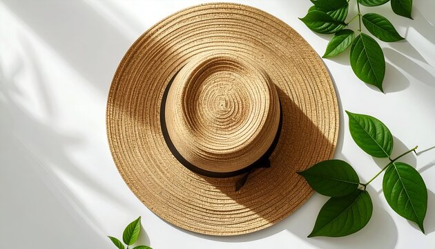 A beige sun hat rests on white, lit by shadows and leafy sprigs - Powered by Adobe