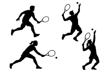 Silhouettes of diverse tennis players in action.