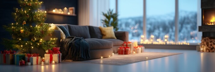 Cozy Christmas living room with festive tree, presents, and fireplace, overlooking a snowy winter landscape