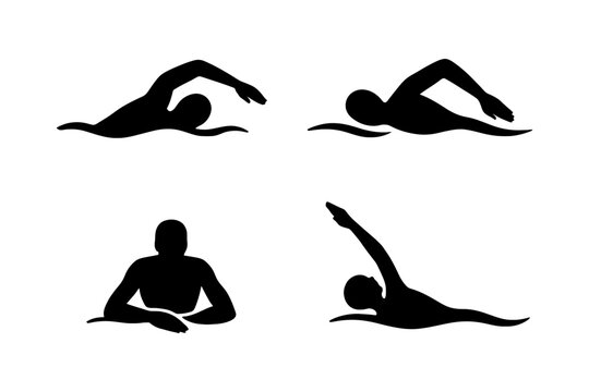 Silhouettes of swimming strokes: freestyle, backstroke, and breaststroke.