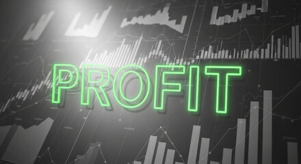 Image of a green neon "PROFIT" sign over a statistical chart, showcasing financial growth, business success, and positive earnings performance