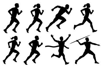 Silhouettes of diverse runners in dynamic poses engaging in athletic activities.