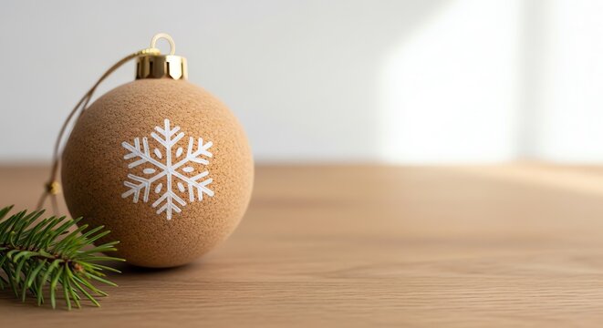 Natural Christmas ornament with snowflake design on wooden surface  