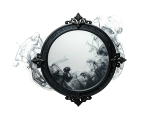Ornate circular frame with dark smoke swirling against a blank center, isolated on black
