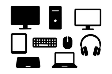Silhouette of tech gadgets: desktop, laptop, tablet, headphones, keyboard, mouse.