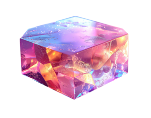 A vibrant, multifaceted, and geometric crystalline cube with a transparent texture over a black background