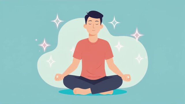 Vector animation of a person sitting in lotus pose, gentle breathing motion, floating sparkles, calm pastel background, wellness and relaxation theme