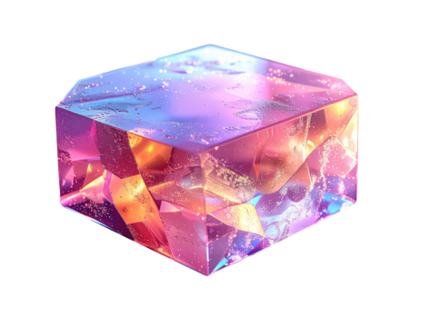 A vibrant, multifaceted, and geometric crystalline cube with a transparent texture over a black background
