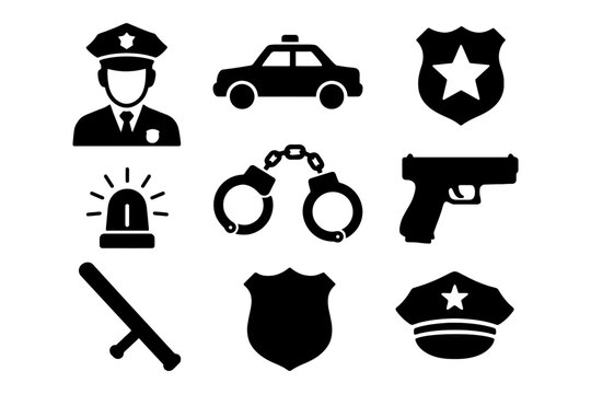 Police symbols: officer, patrol car, badge, handcuffs, gun, baton.