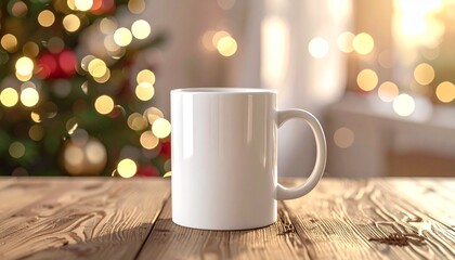 Obraz premium White ceramic mug mockup | rustic wooden table | warm Christmas lights and cozy holiday background 