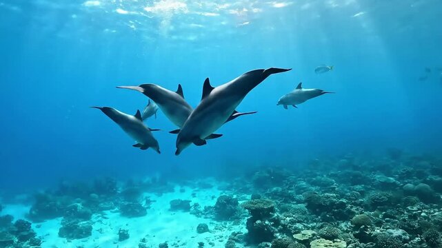 Graceful Oceanic Movement Dynamic underwater perspective capturing the fluid, synchronized swimming patterns of wild dolphins in their natural habitat.