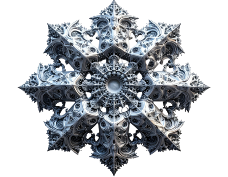 Intricate, symmetrical, geometric structure, metallic silver, complex design, sharp details, isolated on black background