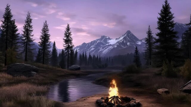 Experience a peaceful evening by the river with a warm fire crackling amidst stunning mountains and tall trees