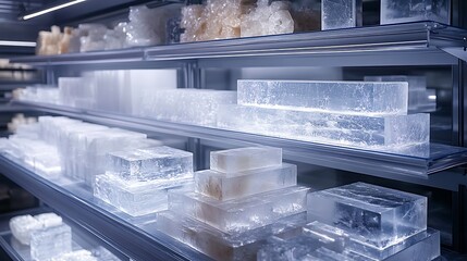 Ice Blocks on Shelves Cold with Clear, and and Geometric.