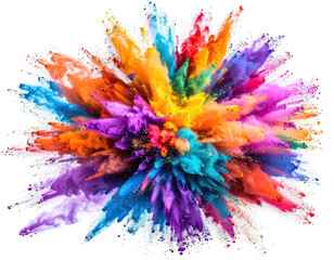 A vibrant explosion of colorful powder particles bursting outward against a stark black background