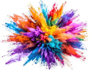 A vibrant explosion of colorful powder particles bursting outward against a stark black background