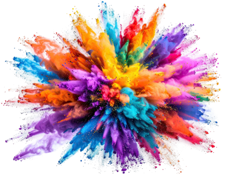 A vibrant explosion of colorful powder particles bursting outward against a stark black background - Powered by Adobe