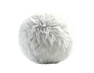 A fluffy, spherical object composed of soft, white, textured fur, floating against a black background
