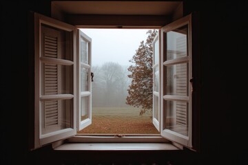 Fototapeta premium Open window, foggy view of trees and field